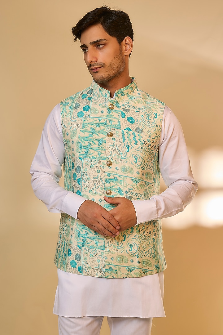 Blue Blended Silk Printed Nehru Jacket Set For Boys by Spring Break- Kids at Pernia's Pop Up Shop