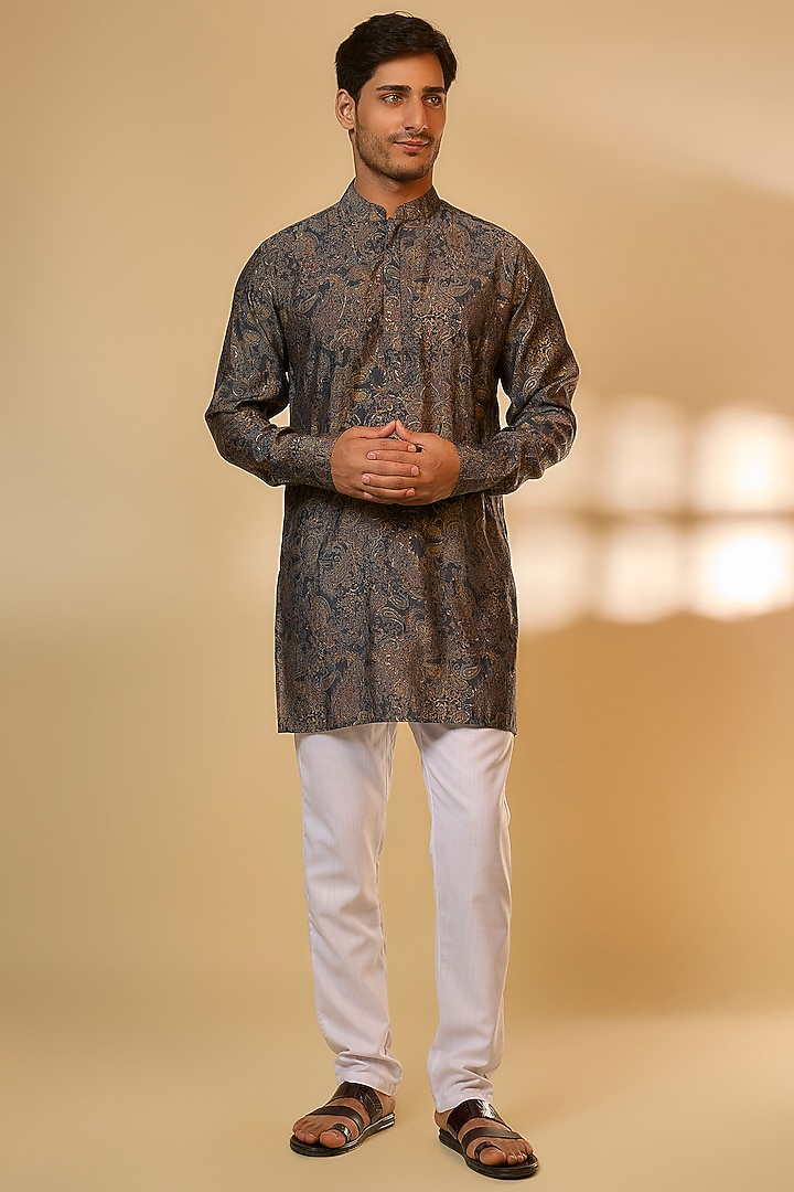 Grey Blended Silk Paisley Printed Kurta Set For Boys by Spring Break- Kids at Pernia's Pop Up Shop
