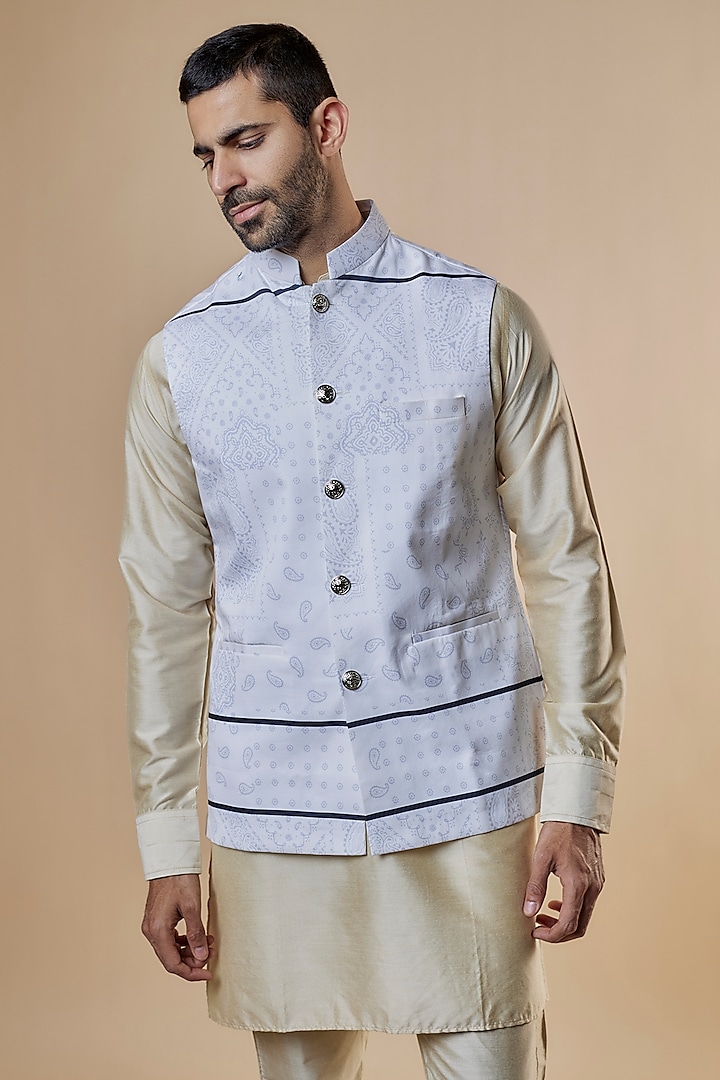 White Cotton Paisley Printed Bundi Jacket by Spring Break Men