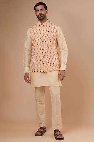 Peach Cotton Silk Printed Bundi Jacket Set by Spring Break Men