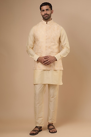Light Yellow Cotton Silk Embroidered Bundi Jacket Set by Spring Break Men