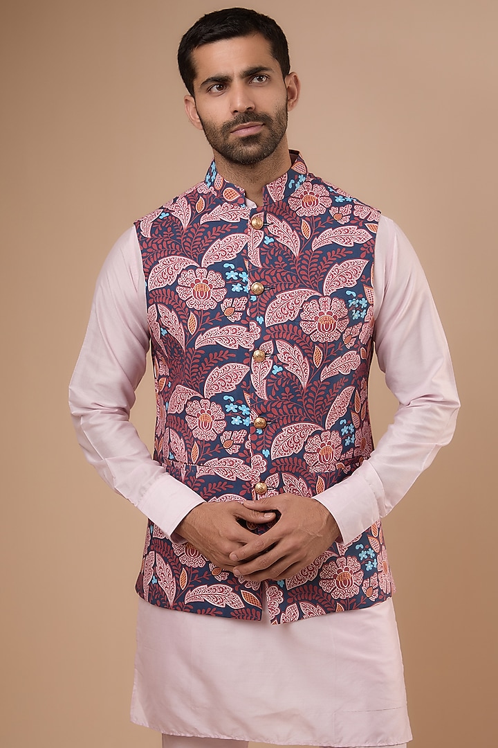 Navy Blue Cotton Printed Bundi Jacket Set by Spring Break Men at Pernia's Pop Up Shop