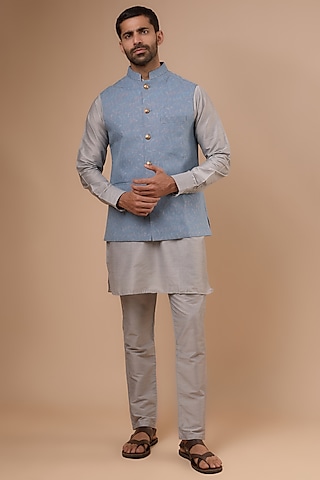 Blue Denim Printed Bundi Jacket Set by Spring Break Men