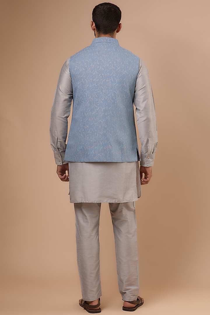 Blue Denim Printed Bundi Jacket Set by Spring Break Men at Pernia's Pop Up Shop
