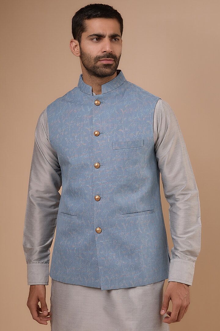 Blue Denim Printed Bundi Jacket Set by Spring Break Men at Pernia's Pop Up Shop