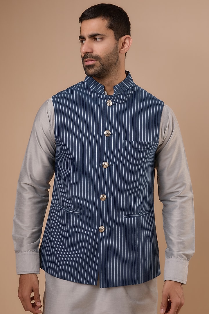 Navy Blue Denim Printed Bundi Jacket Set by Spring Break Men at Pernia's Pop Up Shop