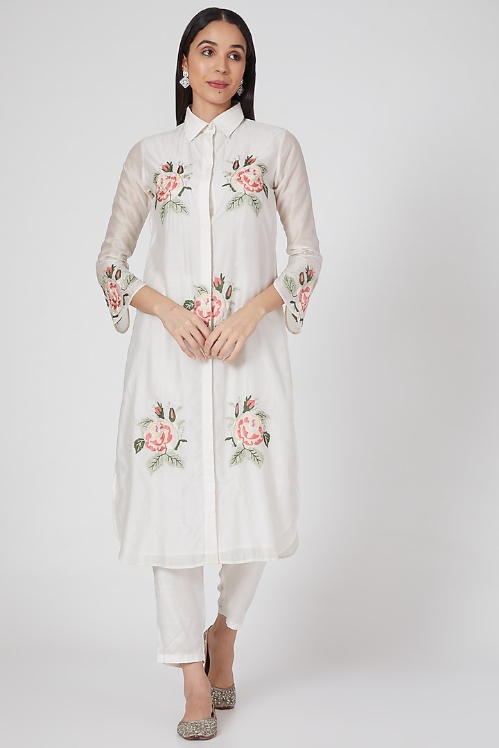 White Embroidered Long Kurta Set by Seams Pret & Couture