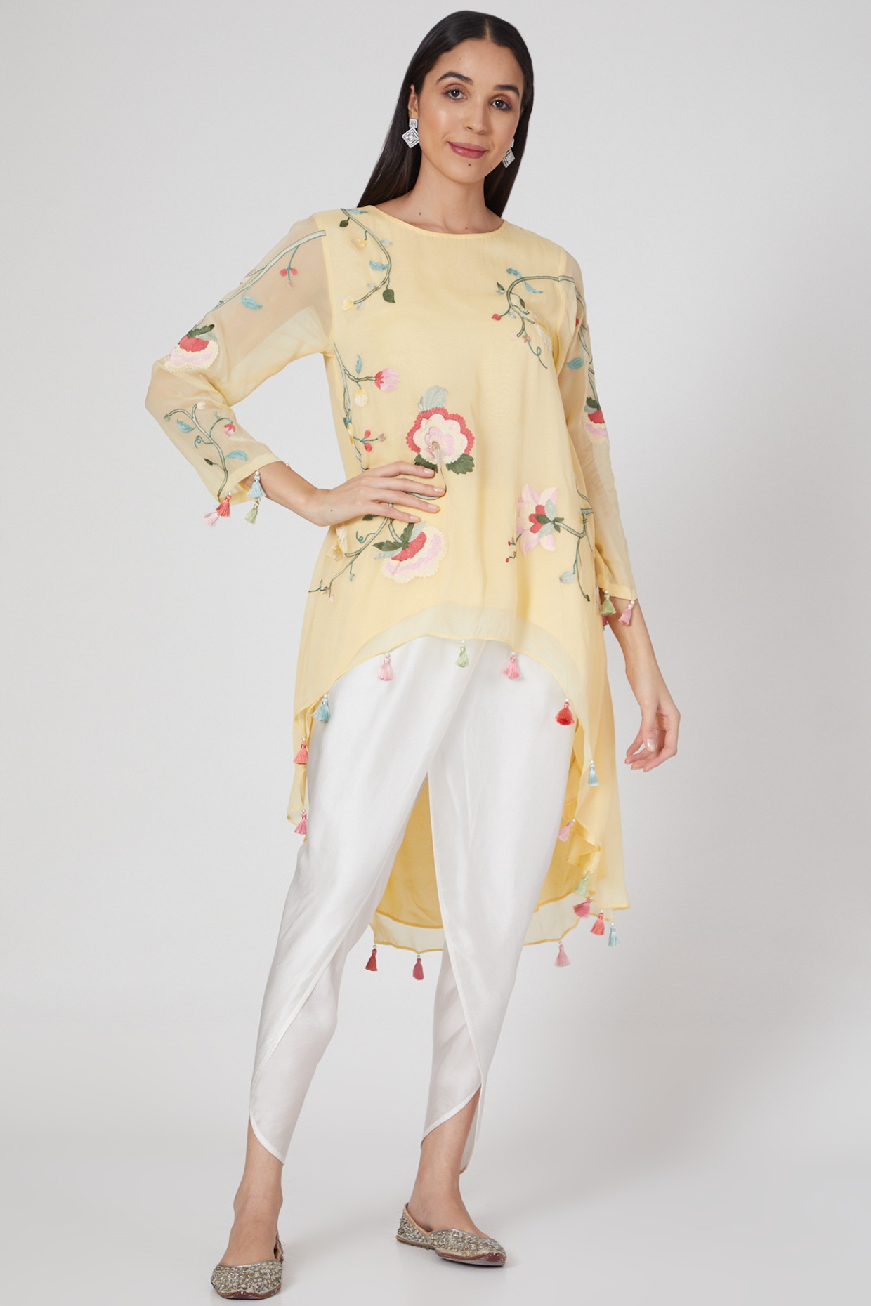 Yellow Embroidered Asymmetric Tunic Set by Seams Pret & Couture at Pernia's Pop Up Shop