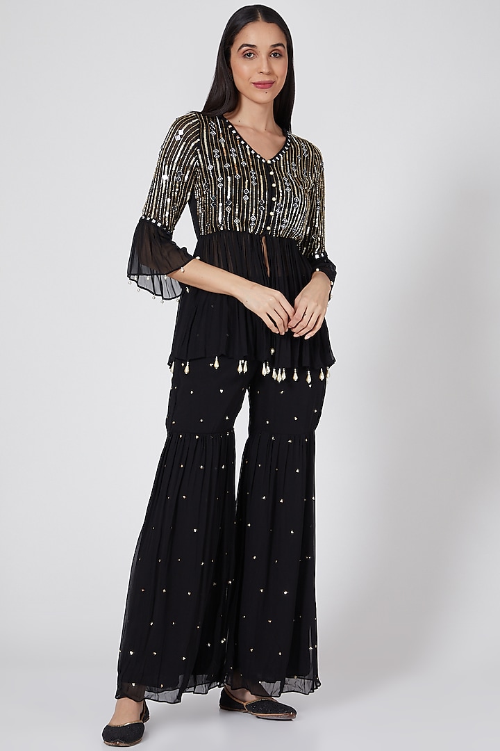 Black Hand Embroidered Sharara Set by Seams Pret & Couture