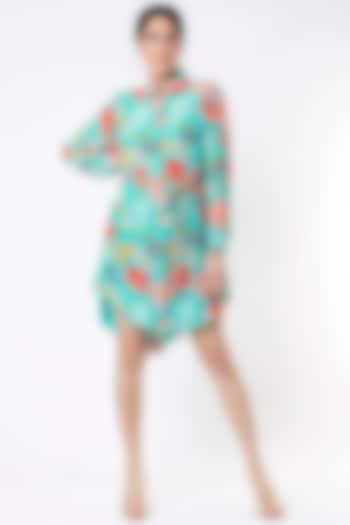 Blue Crepe Floral Printed Shirt Dress by Seams Pret & Couture