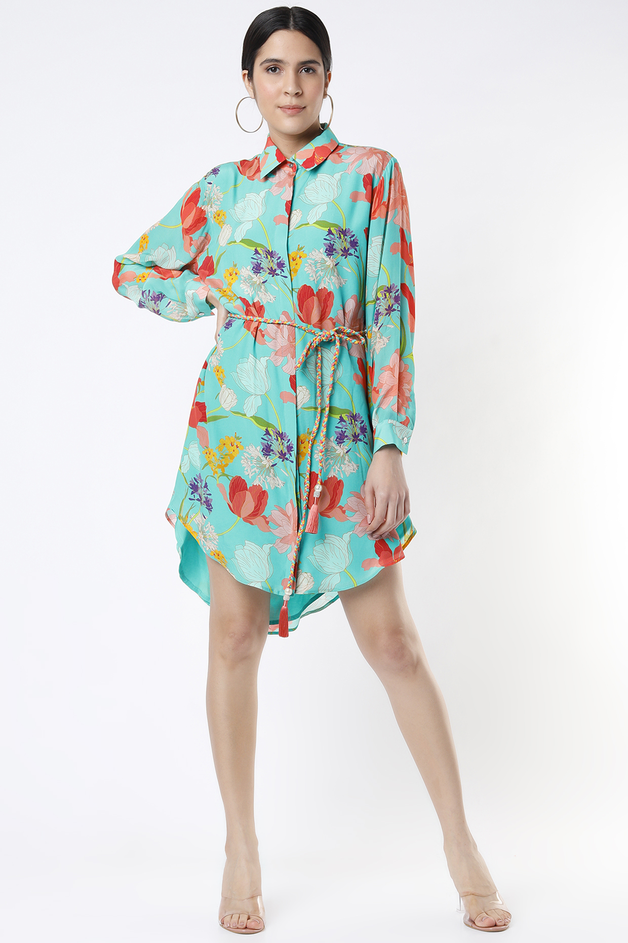 Blue Crepe Floral Printed Shirt Dress by Seams Pret & Couture