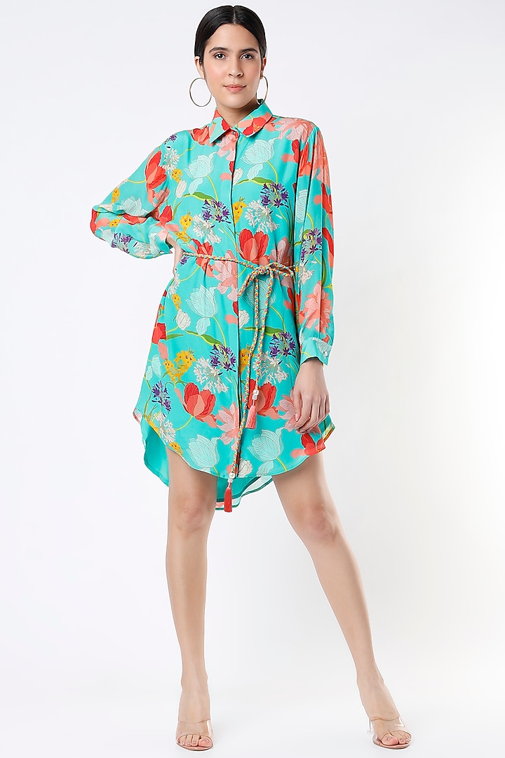 Blue Crepe Floral Printed Shirt Dress by Seams Pret & Couture