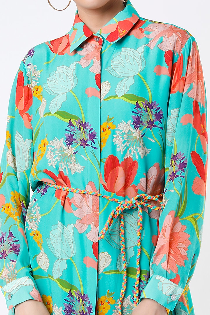 Blue Crepe Floral Printed Summer Shirt Dress by Seams Pret & Couture at Pernia's Pop Up Shop
