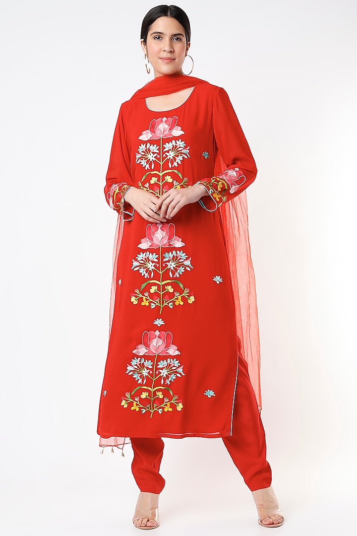 Red Embroidered Kurta Set by Seams Pret & Couture