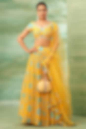 Ochre Yellow Georgette Lehenga Set by Seams Pret & Couture at Pernia's Pop Up Shop