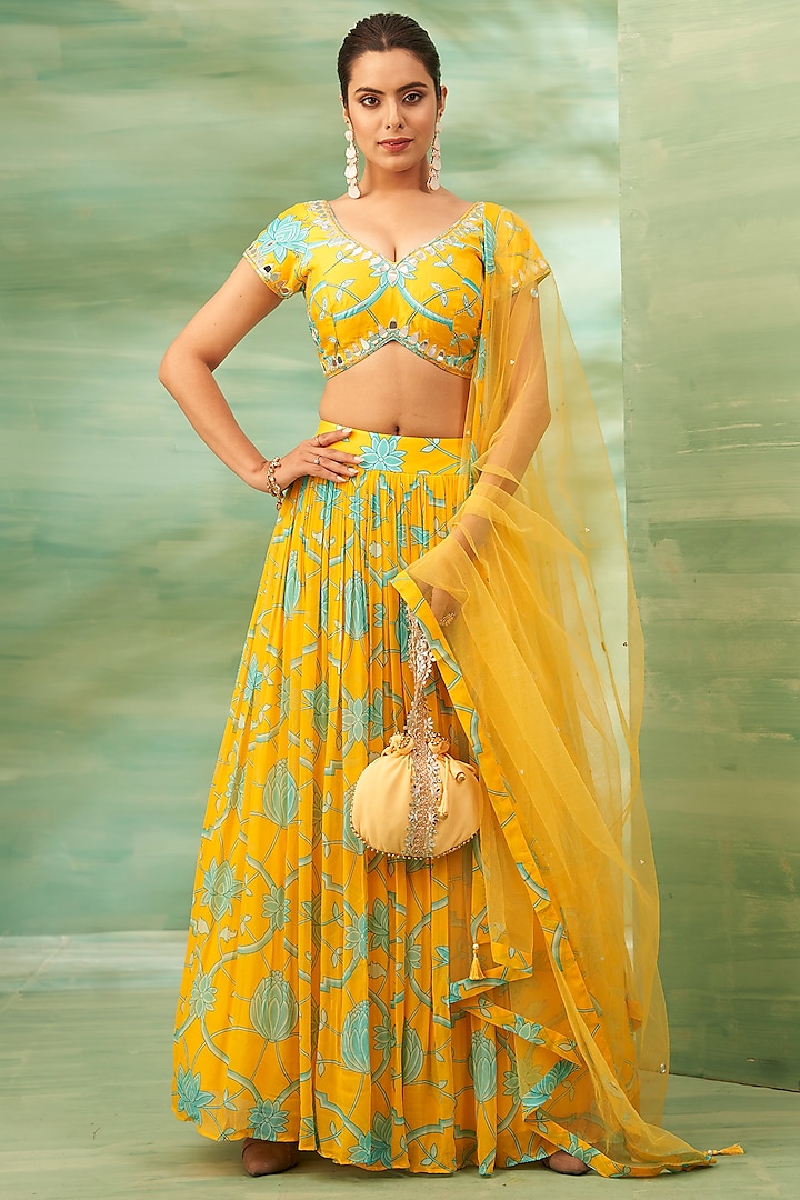 Ochre Yellow Georgette Lehenga Set by Seams Pret & Couture at Pernia's Pop Up Shop