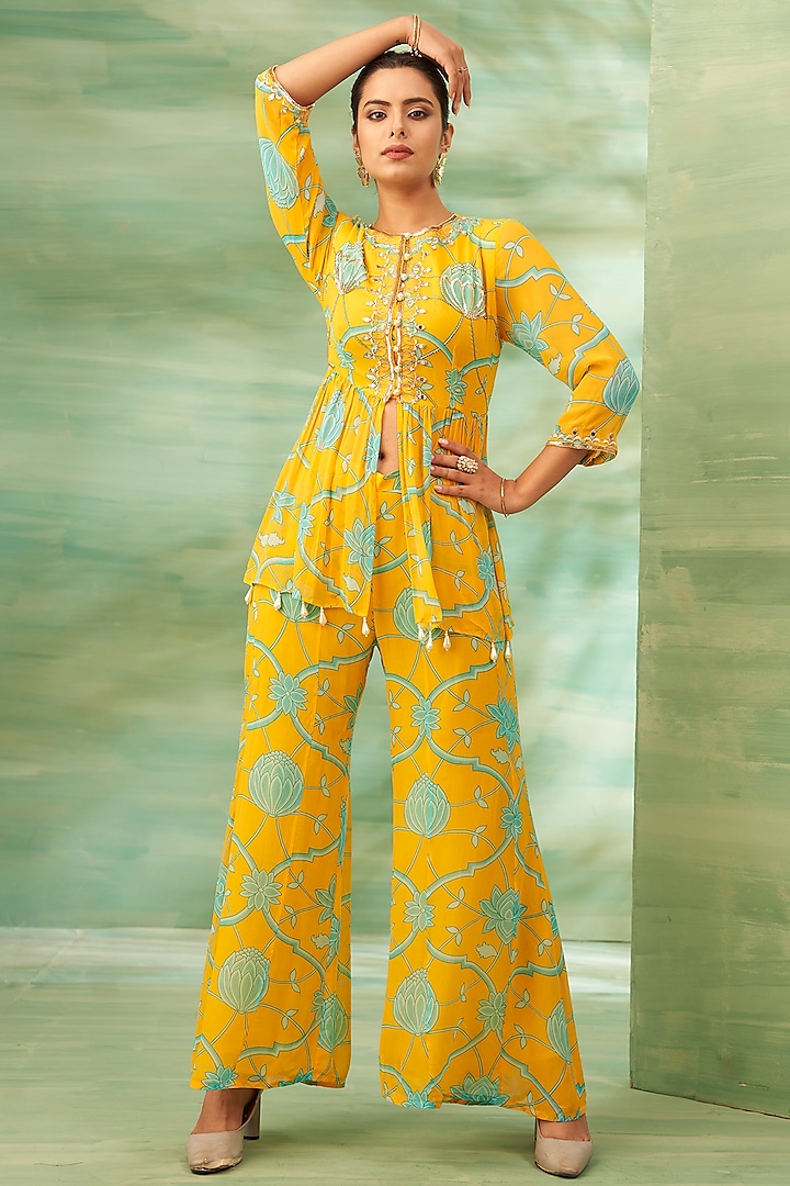 Ochre Yellow Georgette Kasab Machine Embroidered Tunic Set by Seams Pret & Couture at Pernia's Pop Up Shop