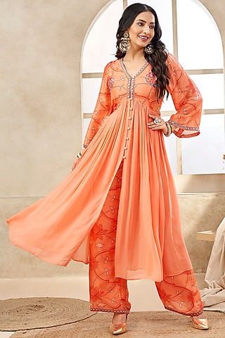Coral Georgette & Fine Silk Handwork Tunic Set by Seams Pret & Couture