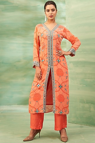 Coral Crepe Handwork Tunic Set by Seams Pret & Couture