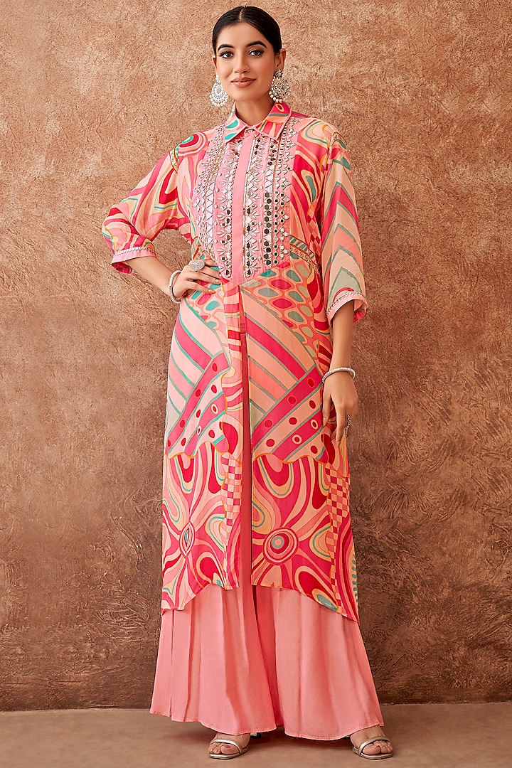 Candy Pink Georgette Hand Embroidered Tunic Set by Seams Pret & Couture at Pernia's Pop Up Shop