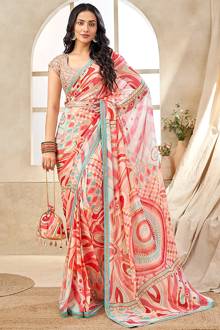 Candy Pink Georgette Applique Embroidered Pre-Draped Saree Set by Seams Pret & Couture at Pernia's Pop Up Shop