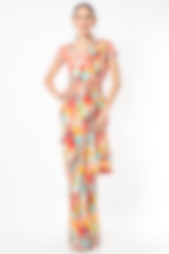 Multi-Colored Printed & Embroidered Wedding Saree Set by Seams Pret & Couture at Pernia's Pop Up Shop