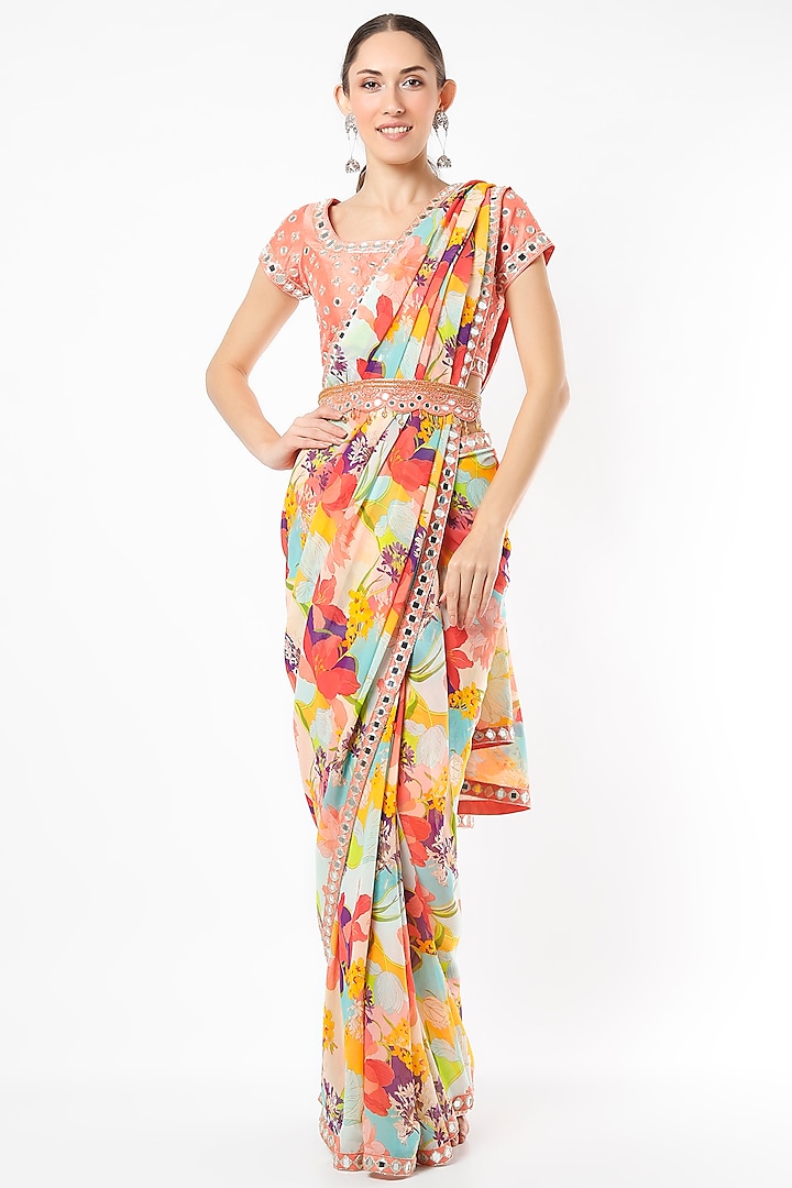 Multi-Colored Printed & Embroidered Saree Set by Seams Pret & Couture