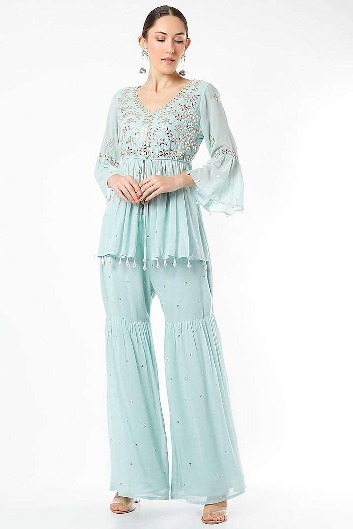 Ice Blue Pure Silk Georgette Sharara Set by Seams Pret & Couture