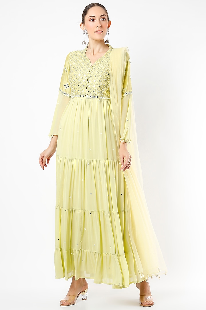 Lime Embroidered Anarkali Set by Seams Pret & Couture