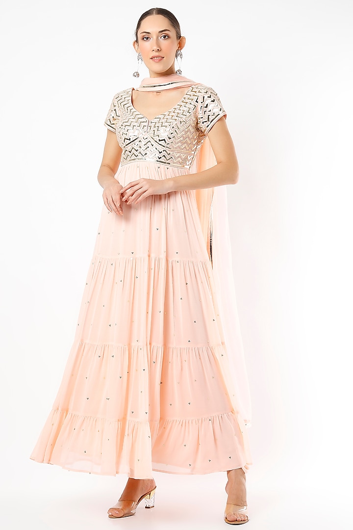 Peach Embroidered Tiered Anarkali Set by Seams Pret & Couture