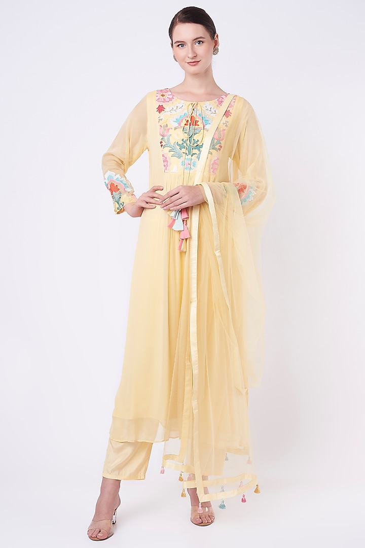Light Yellow Embroidered Long Kurta Set by Seams Pret & Couture