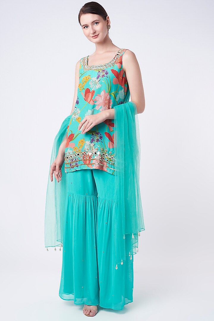 Fluorescent Turquoise Georgette Sharara Set by Seams Pret & Couture