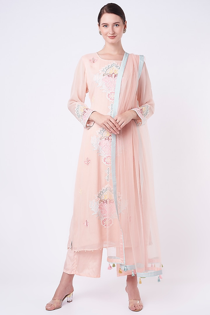 Peach Embroidered Long Kurta Set by Seams Pret & Couture