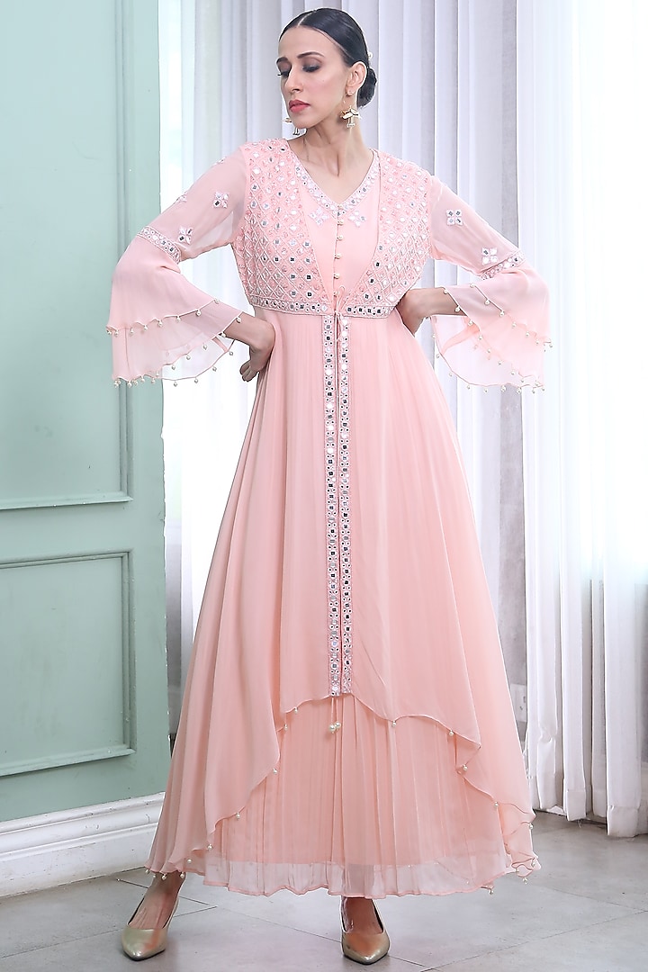 Rose Pink Embroidered Dress With Jacket by Seams Pret & Couture