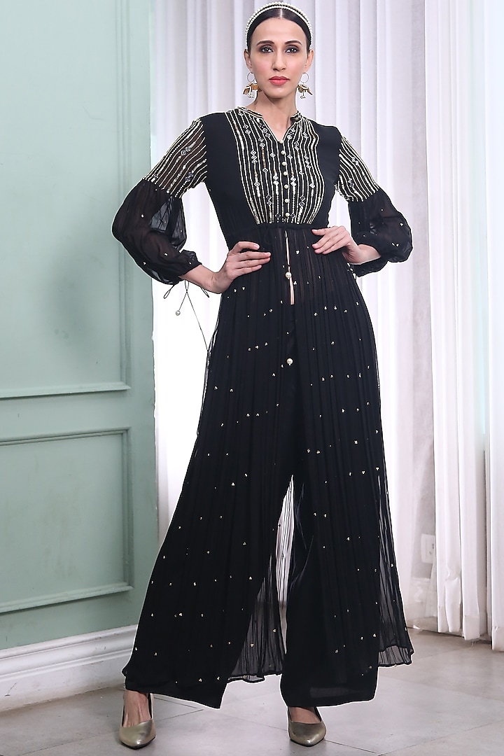 Black Embroidered Dress With Pants by Seams Pret & Couture