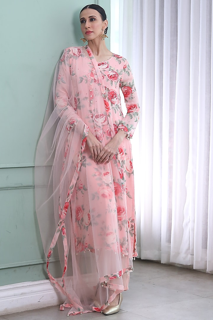 Rose Pink Printed & Embroidered Kurta Set by Seams Pret & Couture