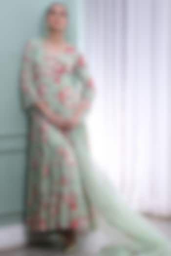 Mint Green Printed & Embroidered Party Wear Anarkali Set by Seams Pret & Couture at Pernia's Pop Up Shop