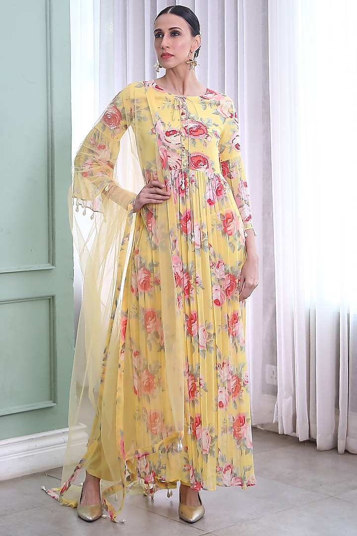 Yellow Printed & Embroidered Kurta Set by Seams Pret & Couture