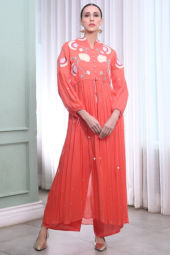 Coral Embroidered Dress With Pants by Seams Pret & Couture