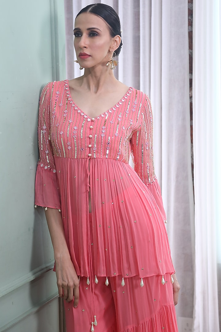 Pink Embroidered Party Wear Sharara Set by Seams Pret & Couture at Pernia's Pop Up Shop