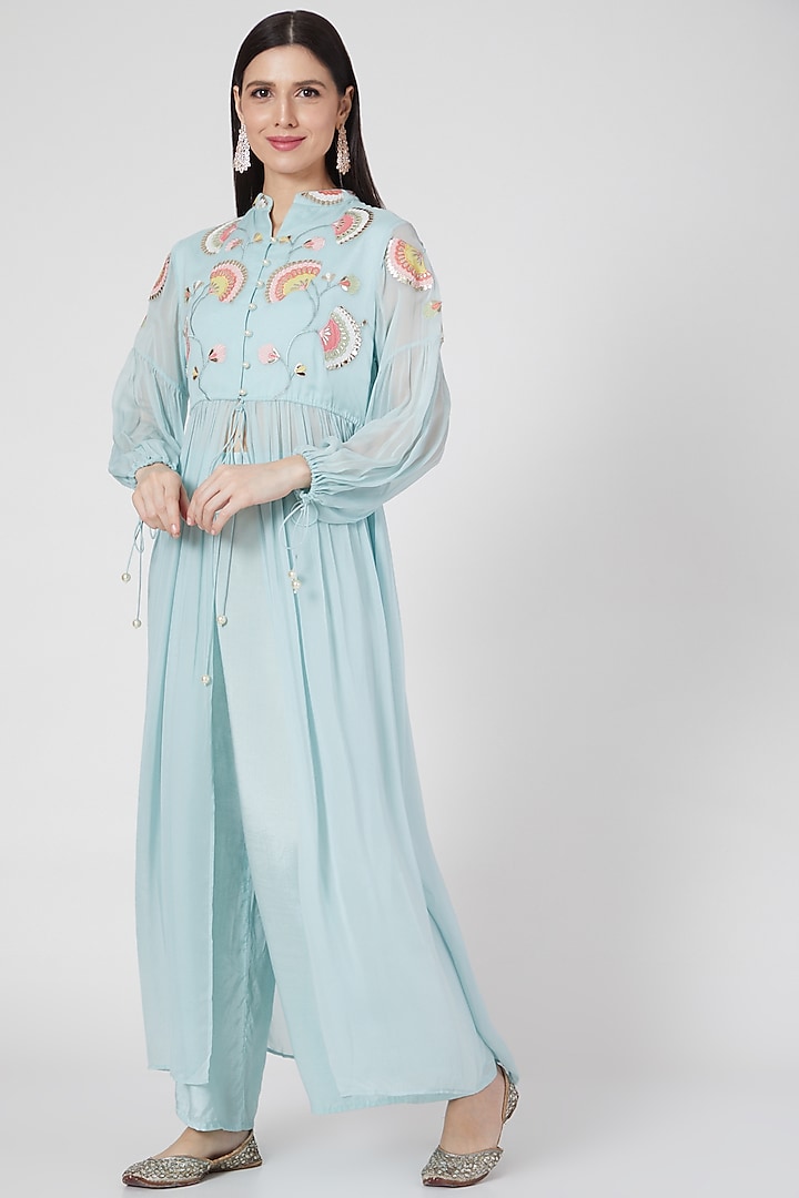 Sky Blue Hand Embroidered Tunic Set by Seams Pret & Couture at Pernia's Pop Up Shop