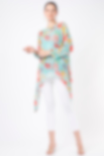Turquoise Printed Asymmetrical Tunic  by Seams Pret & Couture