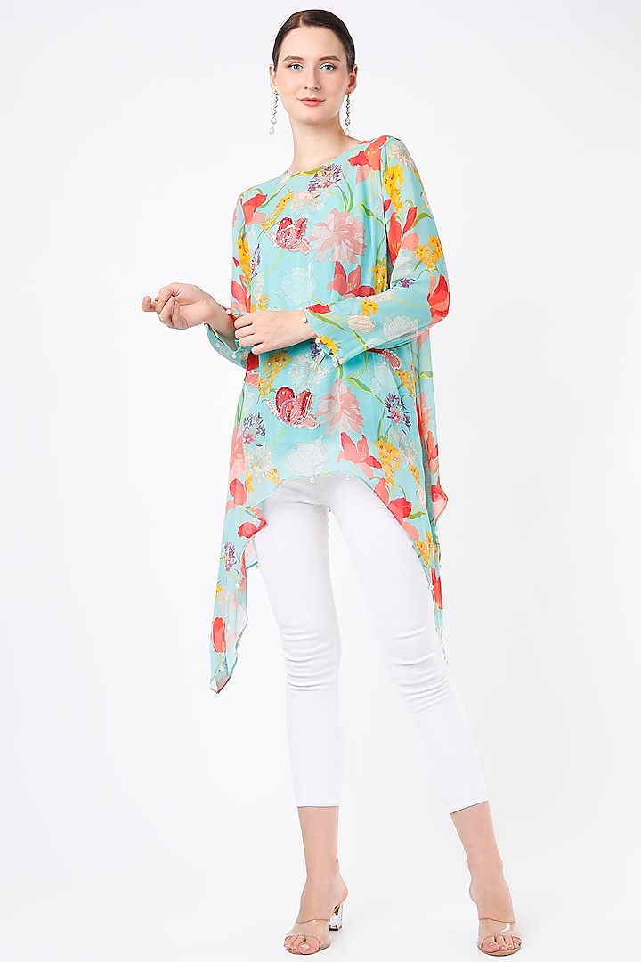 Turquoise Printed Asymmetrical Tunic  by Seams Pret & Couture