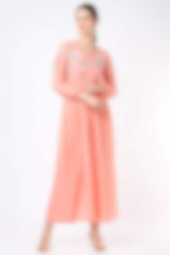 Peach Hand Embroidered Long Kurta Set by Seams Pret & Couture