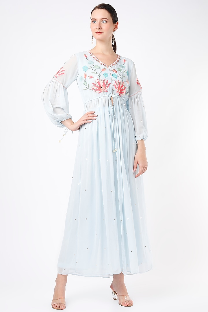 Powder Blue Hand Embroidered Long Kurta Set by Seams Pret & Couture