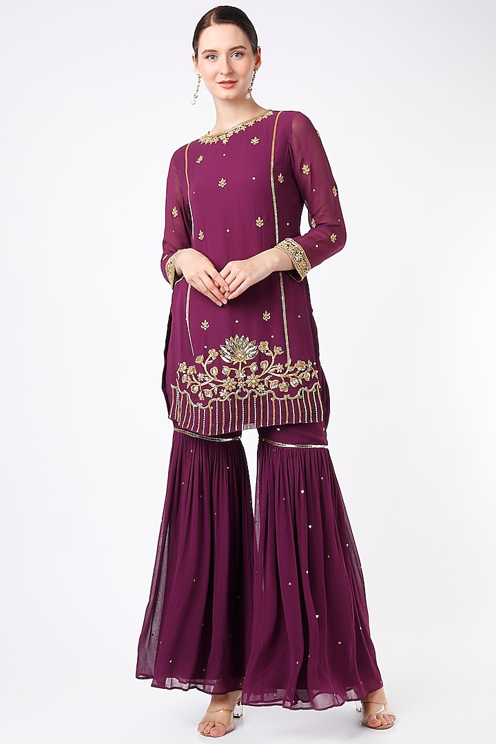 Wine Georgette Sharara Set by Seams Pret & Couture