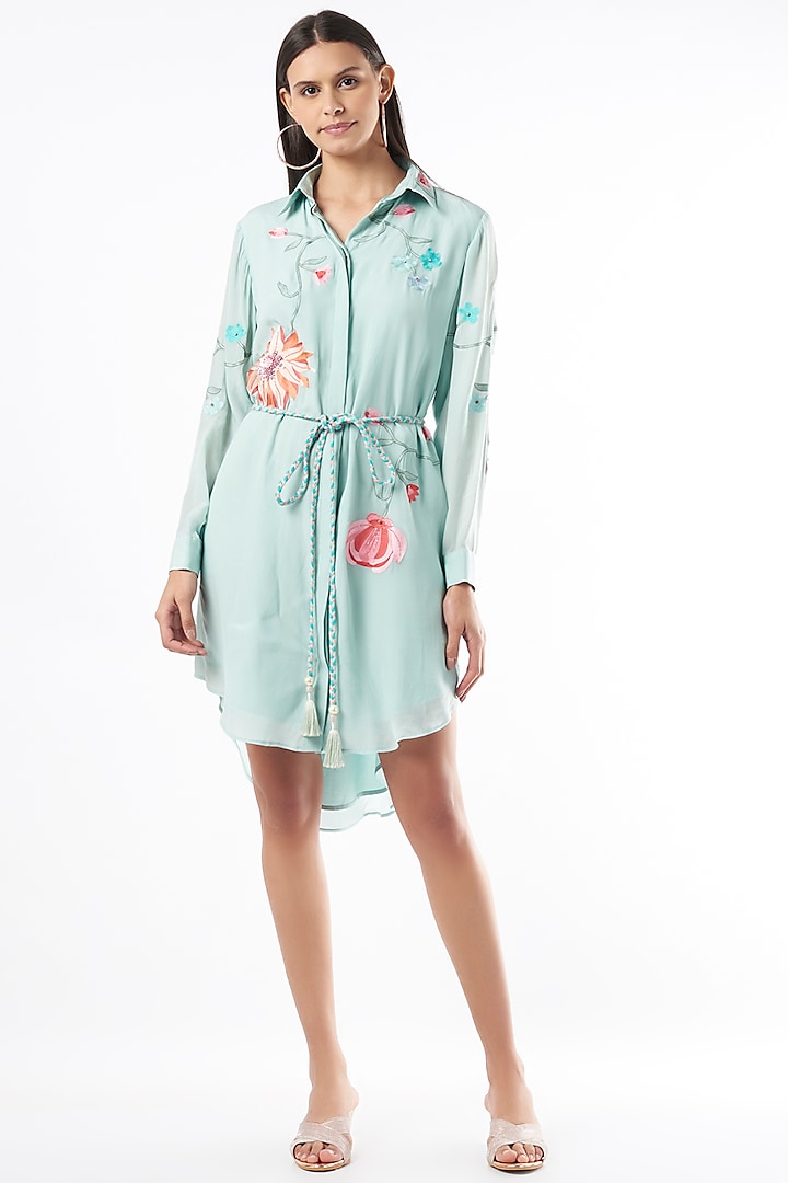 Sky Blue Floral Printed Shirt Dress by Seams Pret & Couture