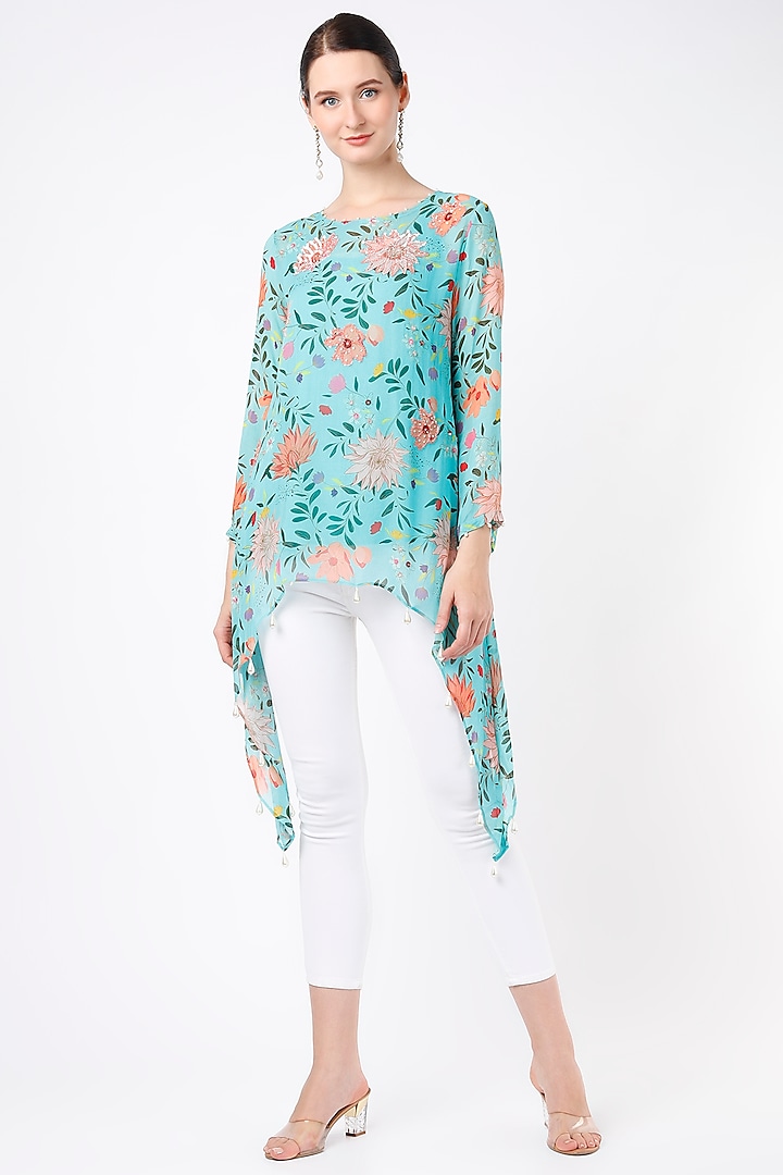 Turquoise Floral Printed Tunic  by Seams Pret & Couture