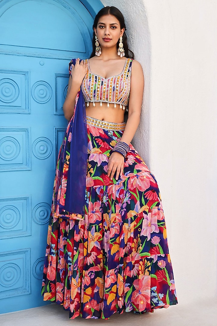 Ink Blue Georgette Printed & Hand Embroidered Lehenga Set by Seams Pret & Couture