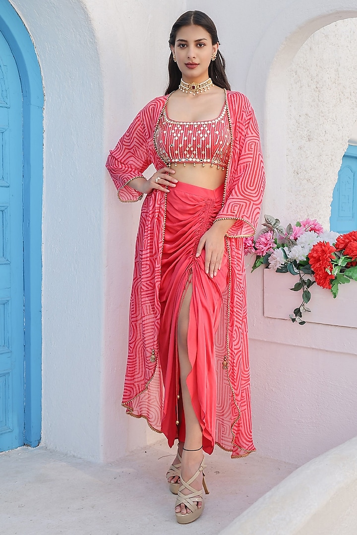 Pale Pink Georgette Printed Cape Set by Seams Pret & Couture